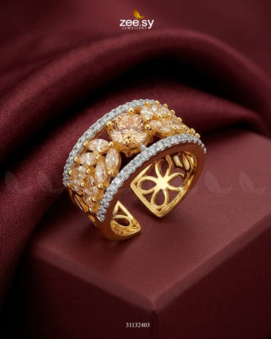 Golden Bloom Leaf Stone Ring Golden Champagne Finger Ring - Zeesy Jewellery Pakistan | Premium Artificial & Imitation Jewellery
