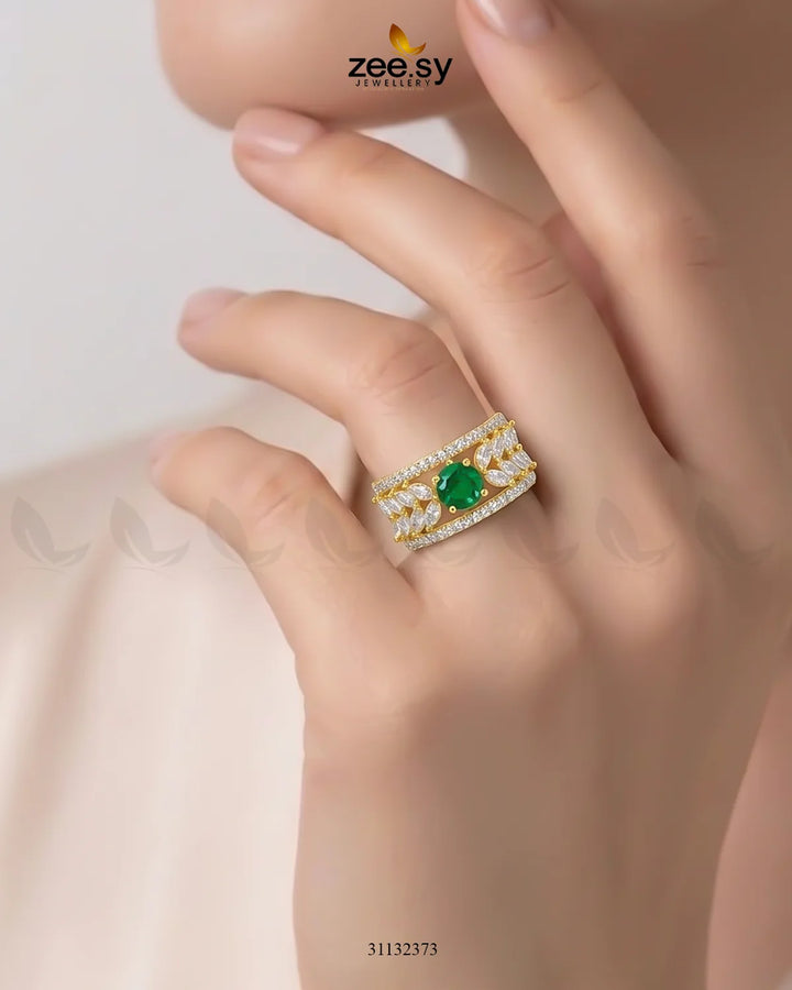 Golden Bloom Leaf Stone Ring Golden Green Finger Ring - Zeesy Jewellery Pakistan | Premium Artificial & Imitation Jewellery