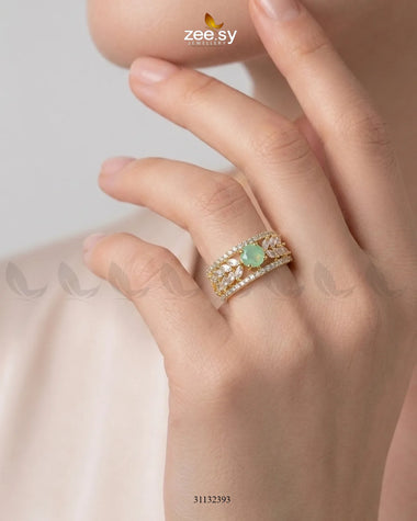 Golden Bloom Leaf Stone Ring Golden Mint Green Finger Ring - Zeesy Jewellery Pakistan | Premium Artificial & Imitation Jewellery
