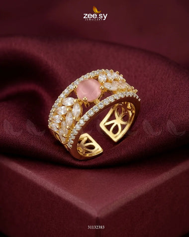 Golden Bloom Leaf Stone Ring Golden Mint Pink Finger Ring - Zeesy Jewellery Pakistan | Premium Artificial & Imitation Jewellery