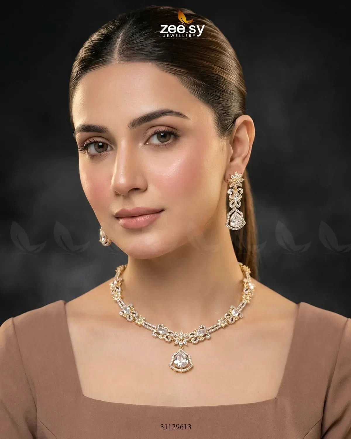 Golden Cocktail Stone Necklace Set - Zeesy.pk