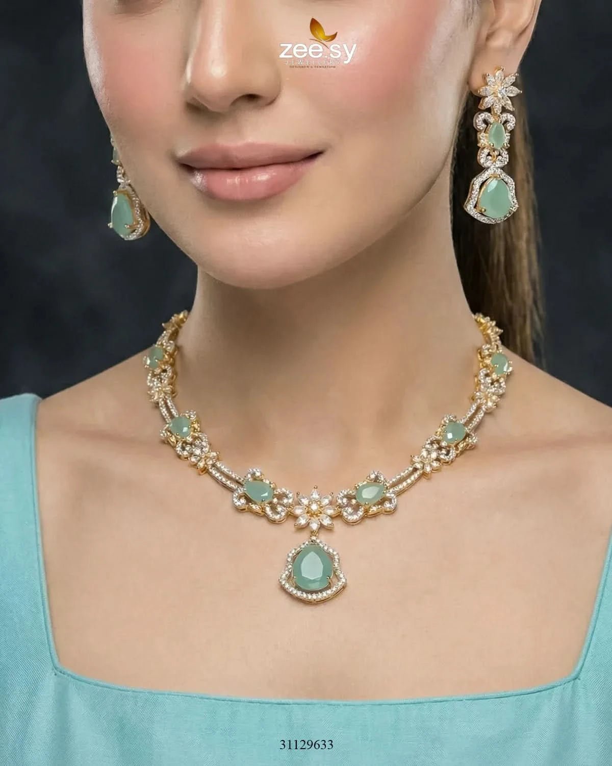 Golden Cocktail Stone Necklace Set - Zeesy.pk