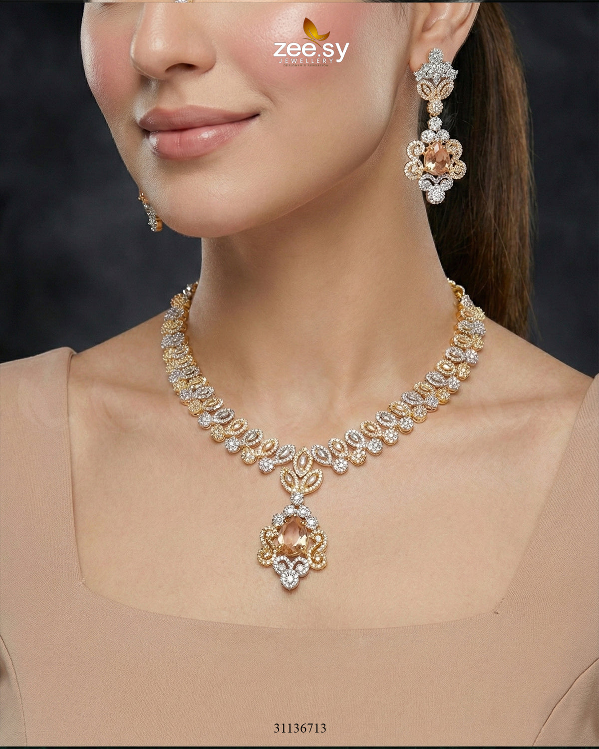 Golden Crystal Pave Necklace Set