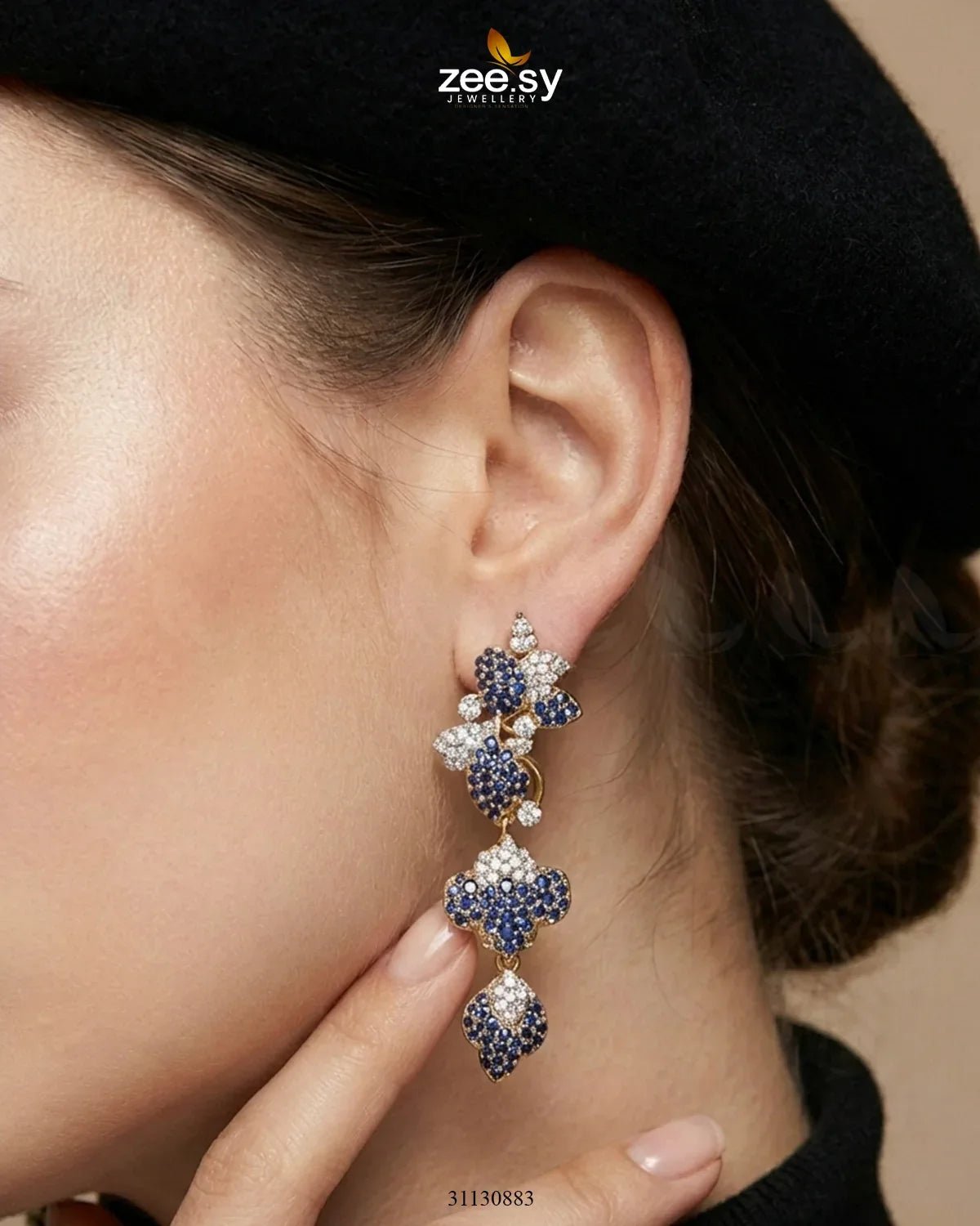 RHS09 golden flower dangler cluster earrings featuring intricate floral design and elegant dangling elements.