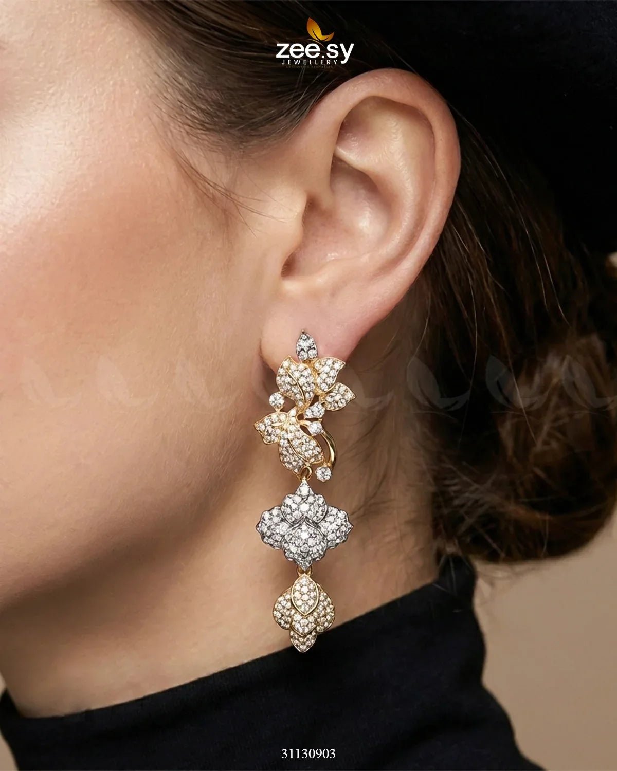 Golden Flower Dangler Cluster Earrings by RHS09 featuring intricate floral designs and elegant dangling clusters.