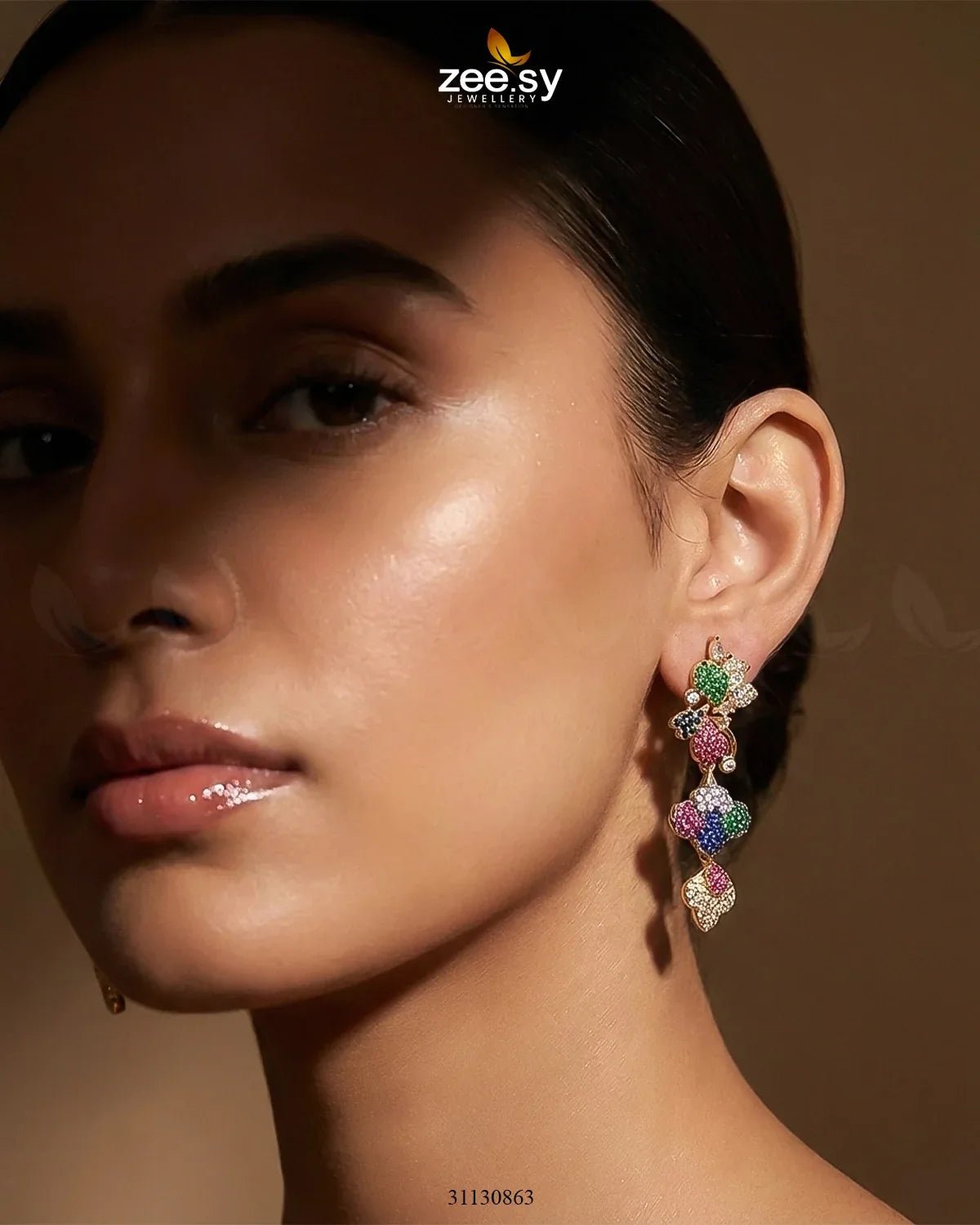 RHS09 golden flower dangler cluster earrings featuring intricate floral designs and elegant dangling elements.