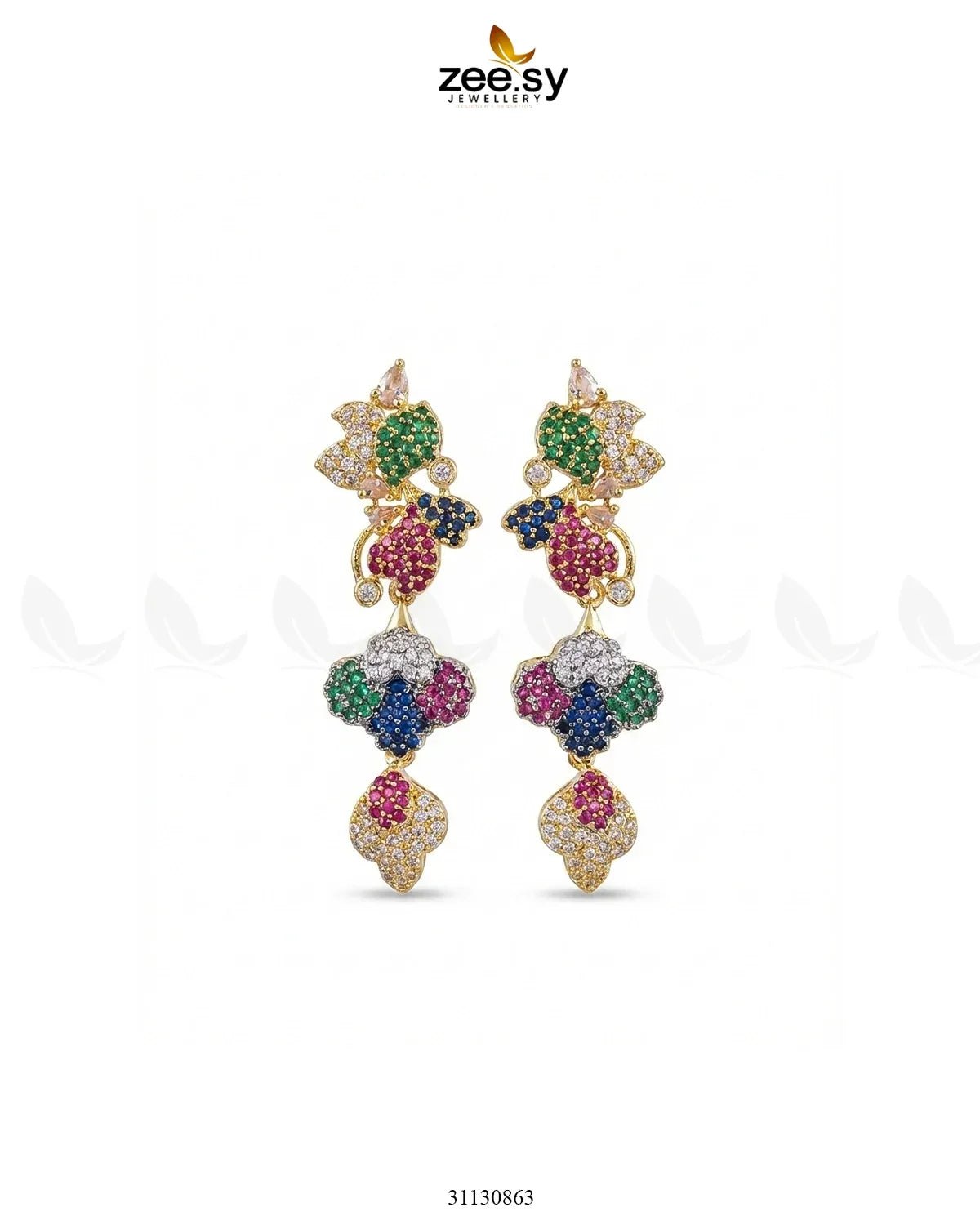 Golden RHS09 flower dangler cluster earrings featuring intricate golden petals and elegant design.