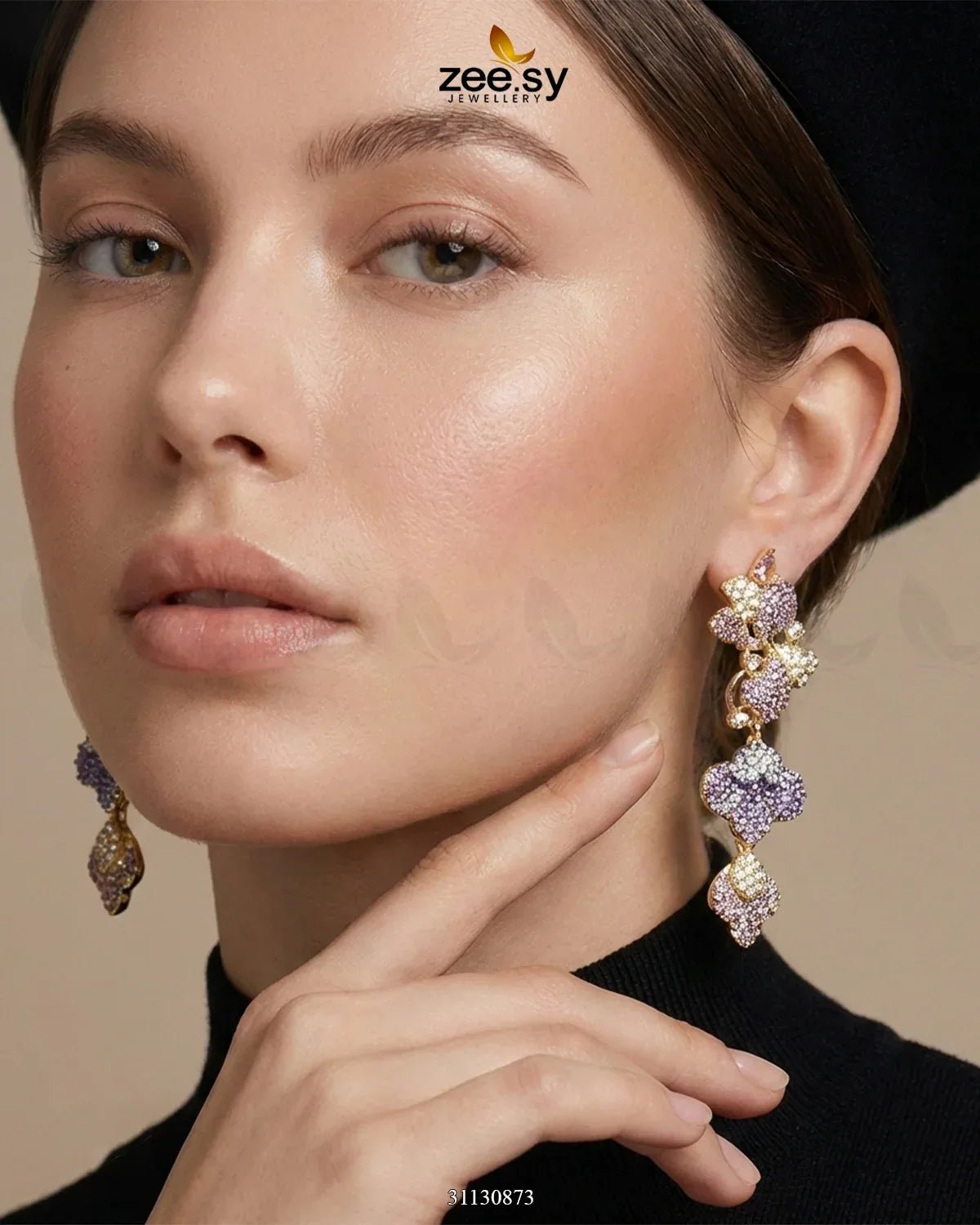 Gold flower dangler cluster earrings by RHS09 featuring a vibrant purple design, elegantly hanging for a stunning look.