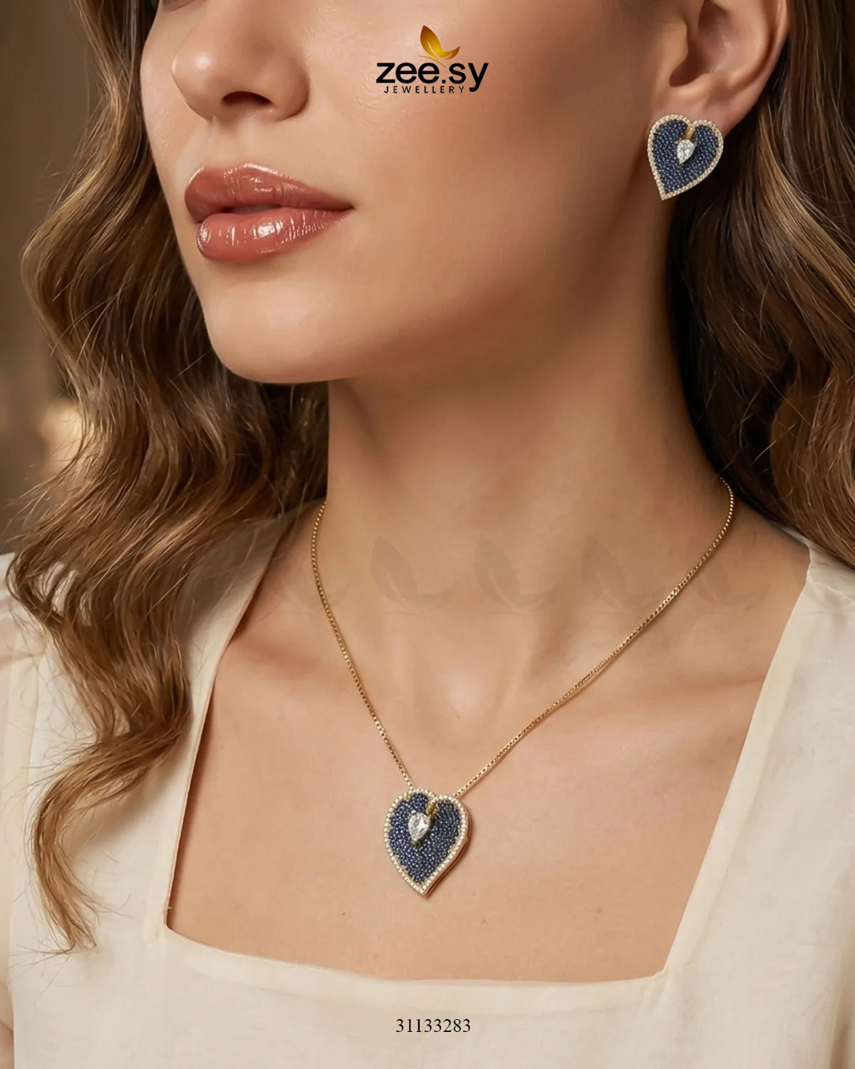 Golden Heart Cluster Pendant Set Golden Blue Pendant - Zeesy Jewellery Pakistan | Premium Artificial & Imitation Jewellery