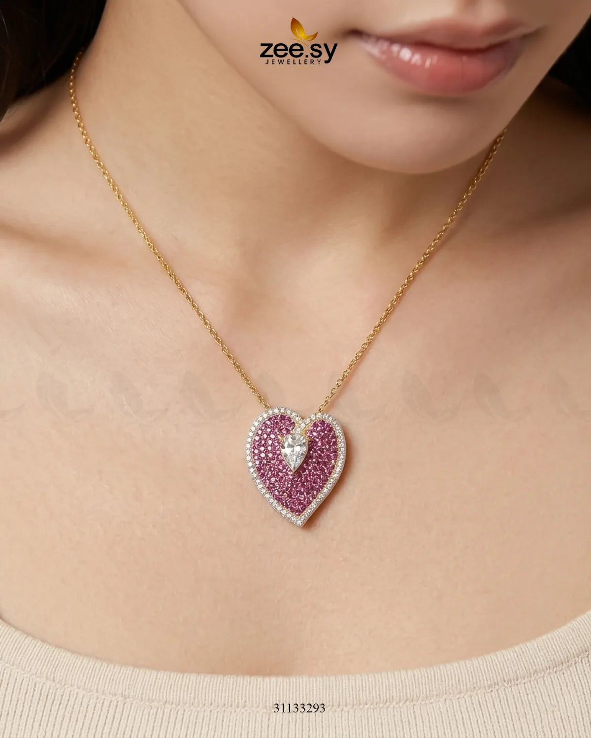 Golden Heart Cluster Pendant Set Golden Ruby Pendant - Zeesy Jewellery Pakistan | Premium Artificial & Imitation Jewellery