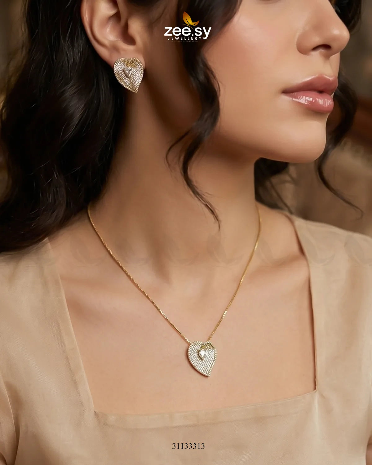 Golden Heart Cluster Pendant Set Golden White Pendant - Zeesy Jewellery Pakistan | Premium Artificial & Imitation Jewellery