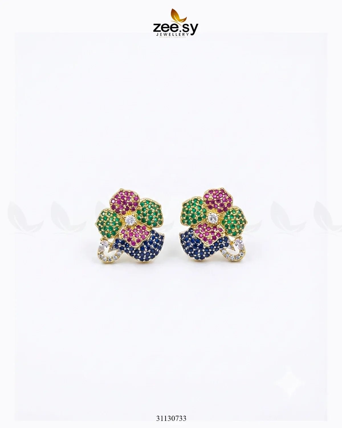 Golden sapphires floral crystal earrings by RHS09, featuring intricate floral designs and sparkling gemstones.