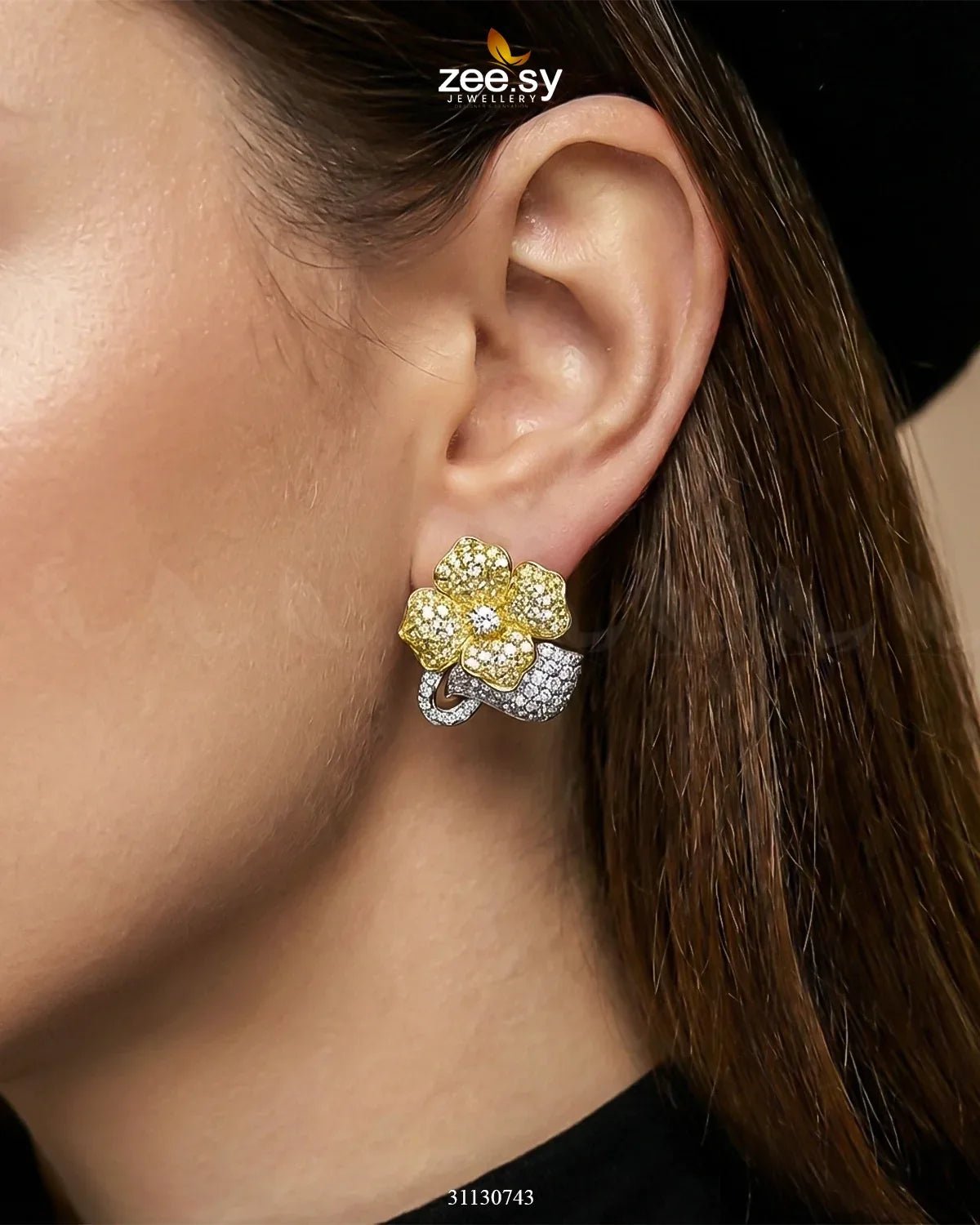 Golden sapphires and crystal floral earrings by RHS09, showcasing intricate design and vibrant gemstone detailing.