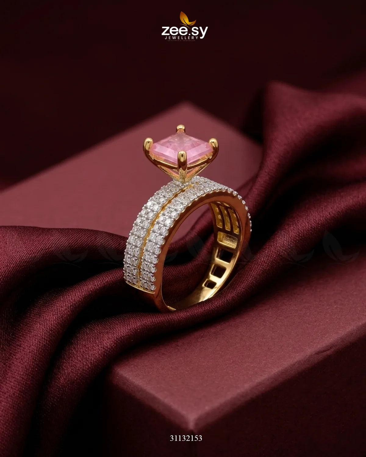 Golden Sensational Bold Stone Ring Golden Mint Pink Finger Ring - Zeesy Jewellery Pakistan | Premium Artificial & Imitation Jewellery