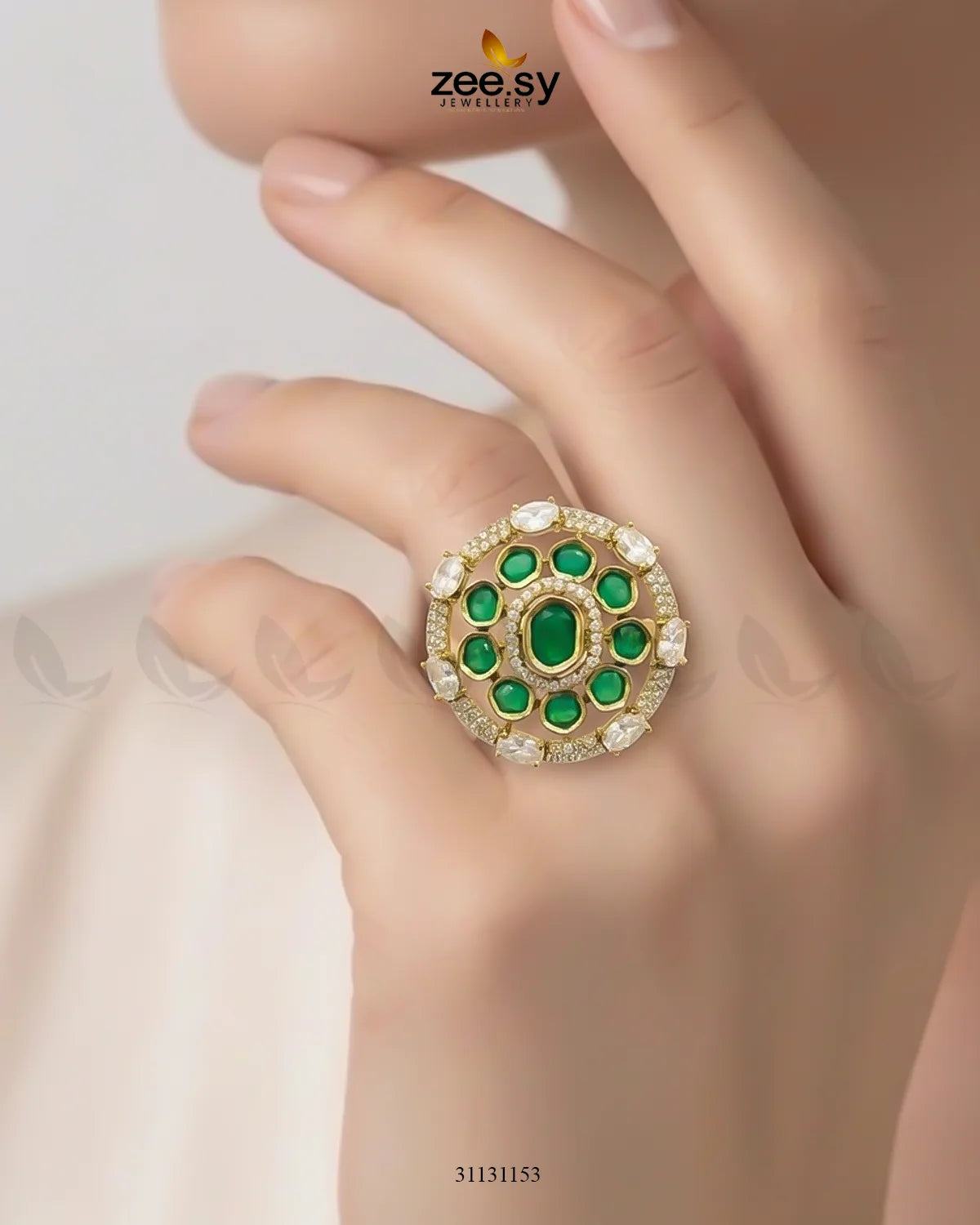 Golden Stunning Circle Crystal Ring Golden Green Finger Ring - Zeesy Jewellery Pakistan | Premium Artificial & Imitation Jewellery