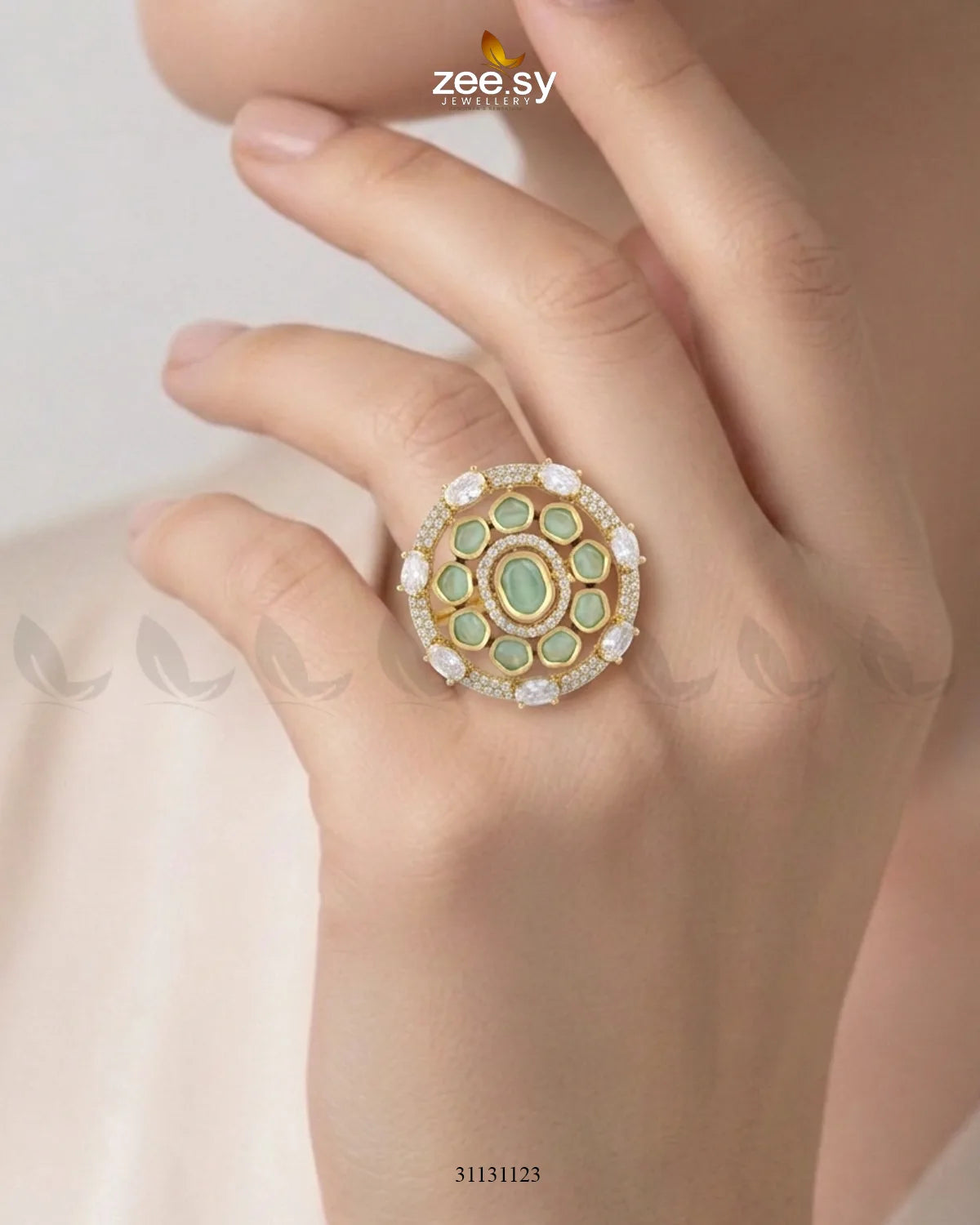 Golden Stunning Circle Crystal Ring Golden Mint Green Finger Ring - Zeesy Jewellery Pakistan | Premium Artificial & Imitation Jewellery
