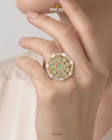 Golden Stunning Circle Crystal Ring Golden Mint Green Finger Ring - Zeesy Jewellery Pakistan | Premium Artificial & Imitation Jewellery