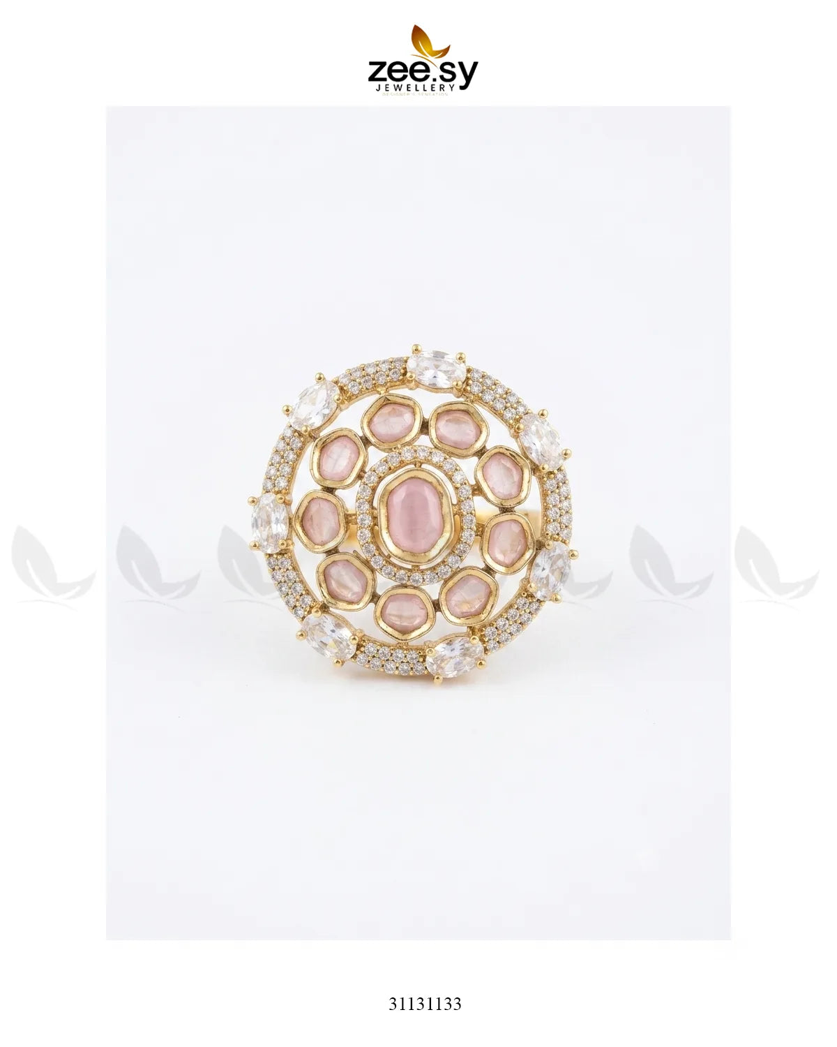 Golden Stunning Circle Crystal Ring Golden Mint Pink Finger Ring - Zeesy Jewellery Pakistan | Premium Artificial & Imitation Jewellery
