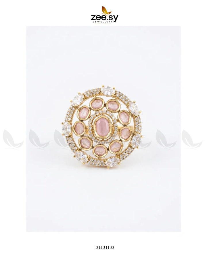 Golden Stunning Circle Crystal Ring Golden Mint Pink Finger Ring - Zeesy Jewellery Pakistan | Premium Artificial & Imitation Jewellery