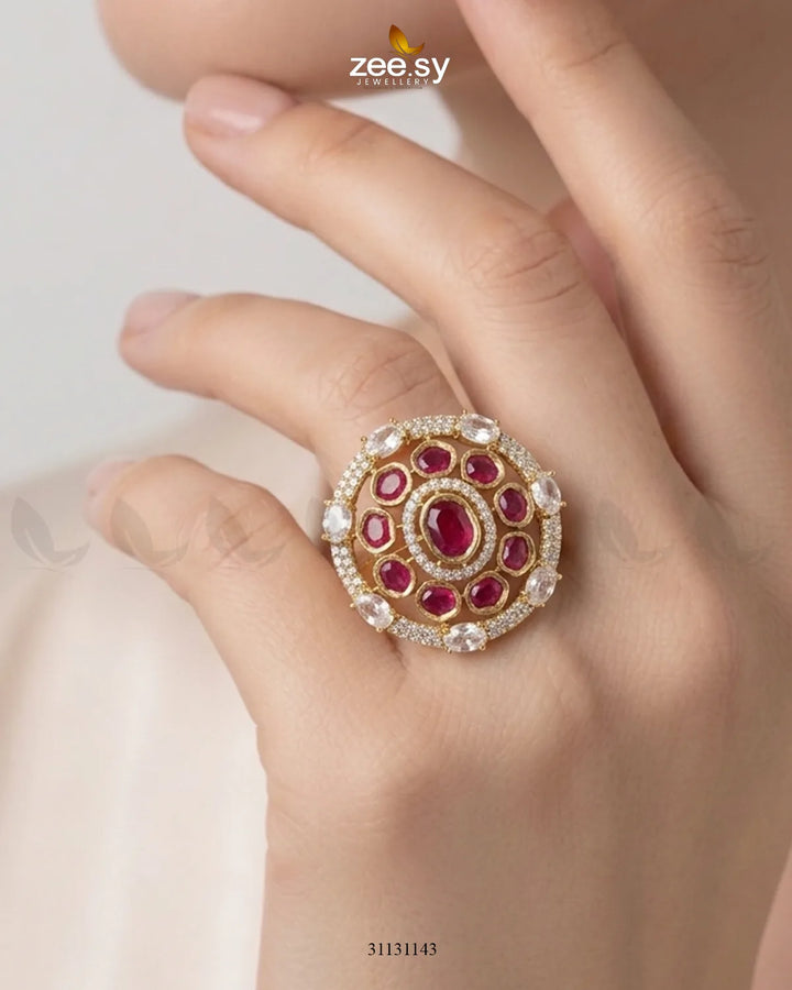 Golden Stunning Circle Crystal Ring Golden Ruby Finger Ring - Zeesy Jewellery Pakistan | Premium Artificial & Imitation Jewellery