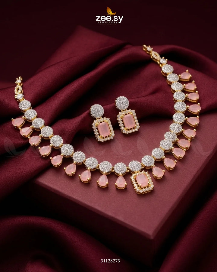 Golden Teardrop Zirconia Necklace Set Golden Mint Pink Necklace Sets - Zeesy Jewellery Pakistan | Premium Artificial & Imitation Jewellery