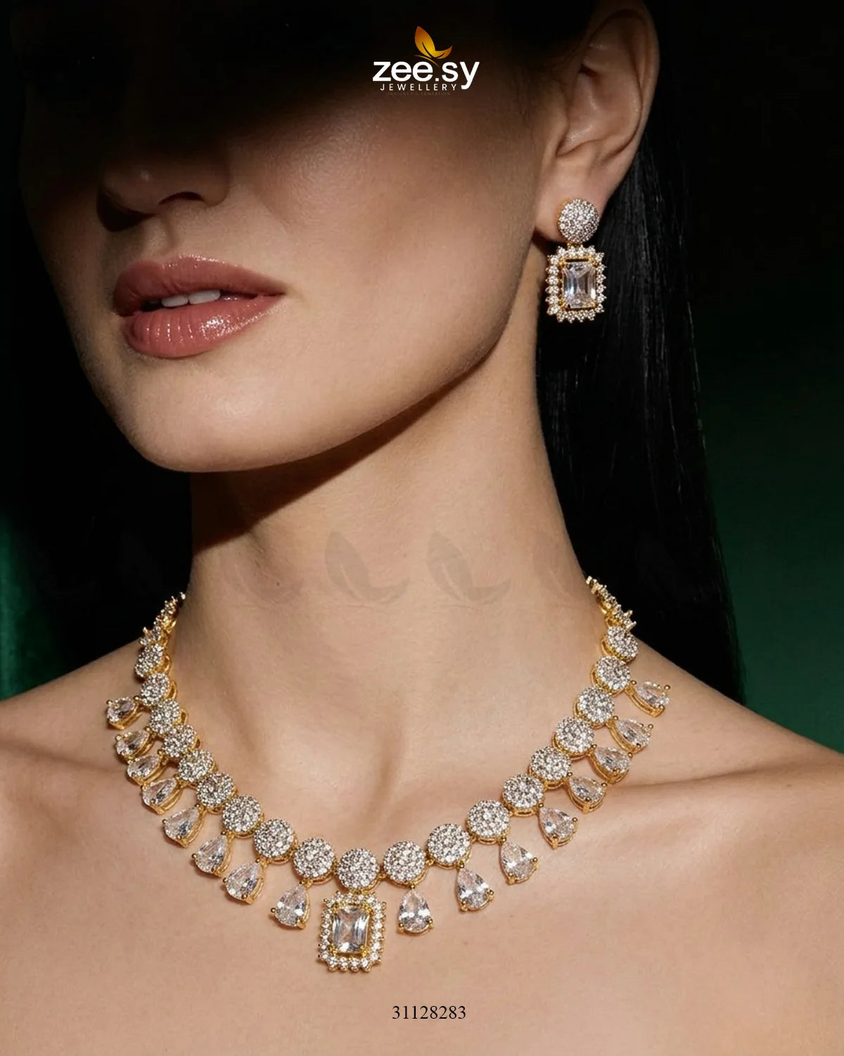 Golden Teardrop Zirconia Necklace Set Necklace Sets - Zeesy Jewellery Pakistan | Premium Artificial & Imitation Jewellery