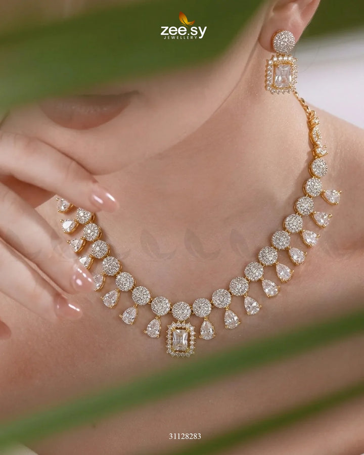 Golden Teardrop Zirconia Necklace Set Necklace Sets - Zeesy Jewellery Pakistan | Premium Artificial & Imitation Jewellery