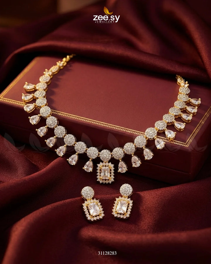 Golden Teardrop Zirconia Necklace Set Golden White Necklace Sets - Zeesy Jewellery Pakistan | Premium Artificial & Imitation Jewellery