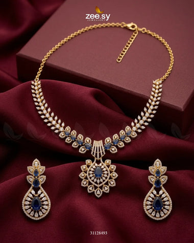 Golden Vine Zirconia Necklace Set Golden Blue Necklace Sets - Zeesy Jewellery Pakistan | Premium Artificial & Imitation Jewellery
