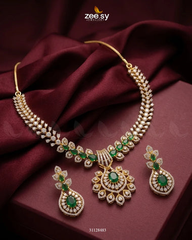Golden Vine Zirconia Necklace Set Golden Green Necklace Sets - Zeesy Jewellery Pakistan | Premium Artificial & Imitation Jewellery