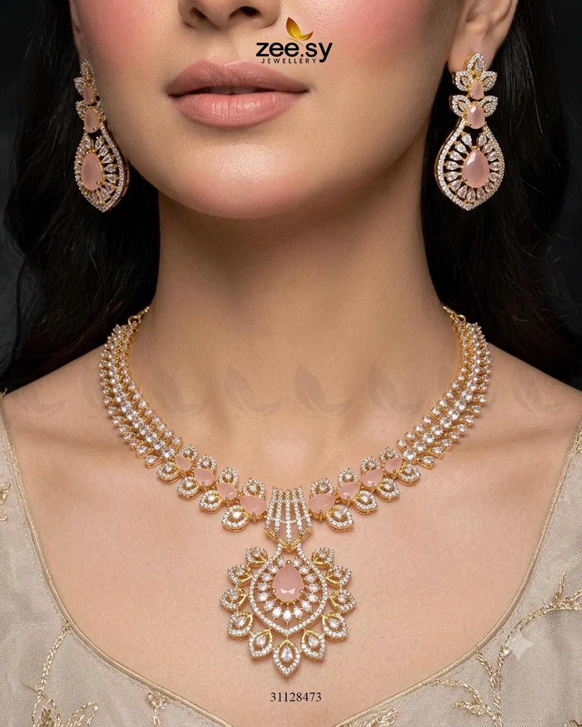 Golden Vine Zirconia Necklace Set Necklace Sets - Zeesy Jewellery Pakistan | Premium Artificial & Imitation Jewellery
