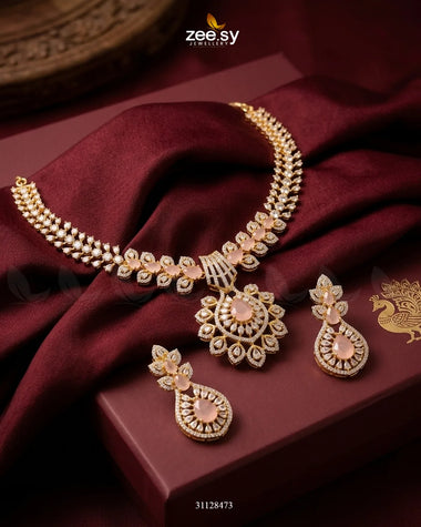 Golden Vine Zirconia Necklace Set Golden Mint Pink Necklace Sets - Zeesy Jewellery Pakistan | Premium Artificial & Imitation Jewellery