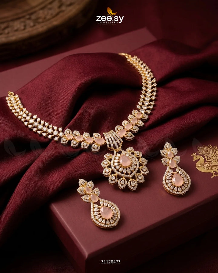 Golden Vine Zirconia Necklace Set Golden Mint Pink Necklace Sets - Zeesy Jewellery Pakistan | Premium Artificial & Imitation Jewellery