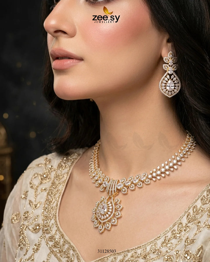 Golden Vine Zirconia Necklace Set Necklace Sets - Zeesy Jewellery Pakistan | Premium Artificial & Imitation Jewellery