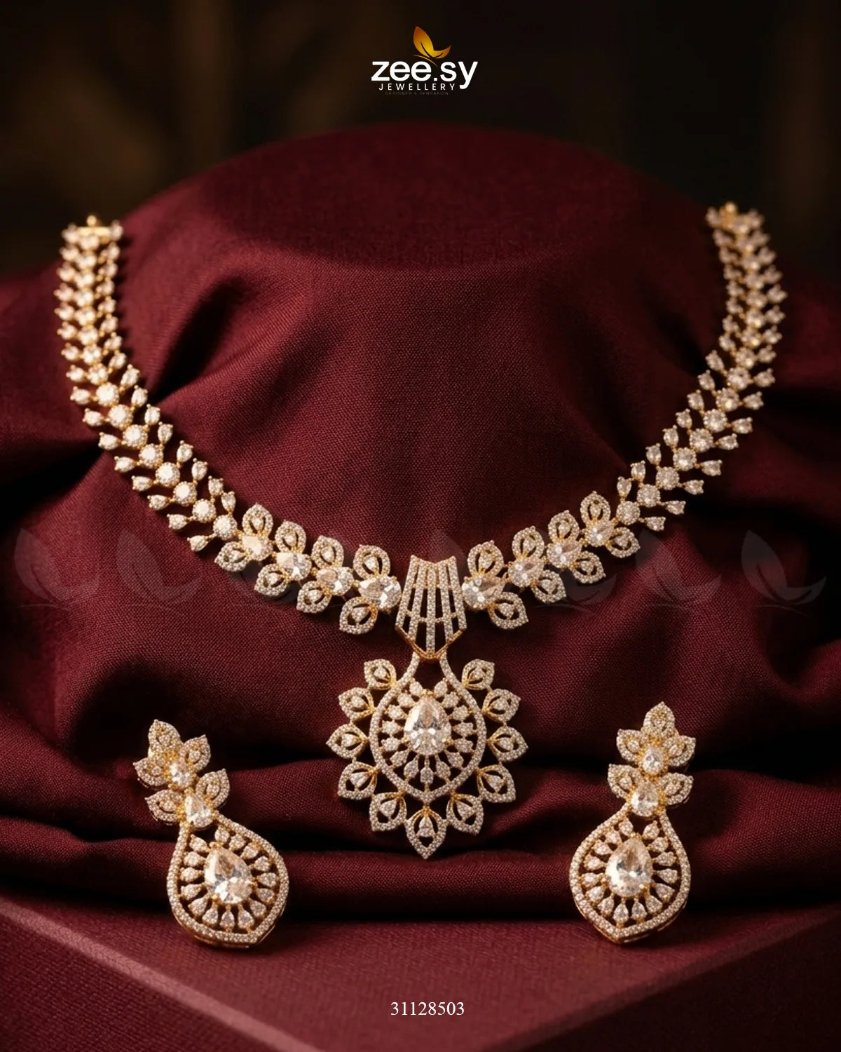 Golden Vine Zirconia Necklace Set Golden White Necklace Sets - Zeesy Jewellery Pakistan | Premium Artificial & Imitation Jewellery