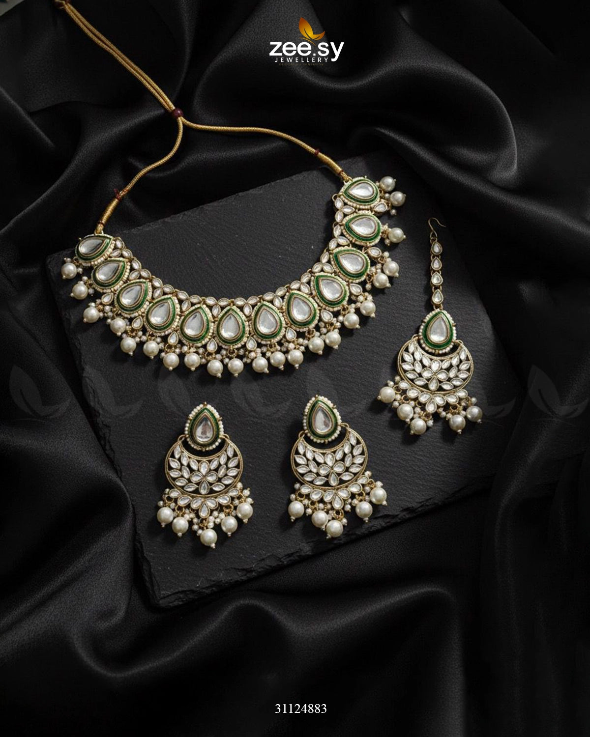 Grandeur Crystal Bridal Set Golden Pearl - Zeesy Jewellery