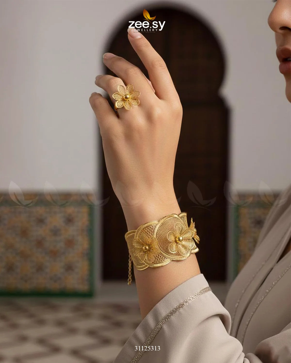 Grand Floral Statement Bangle Ring Set - Zeesy Jewellery