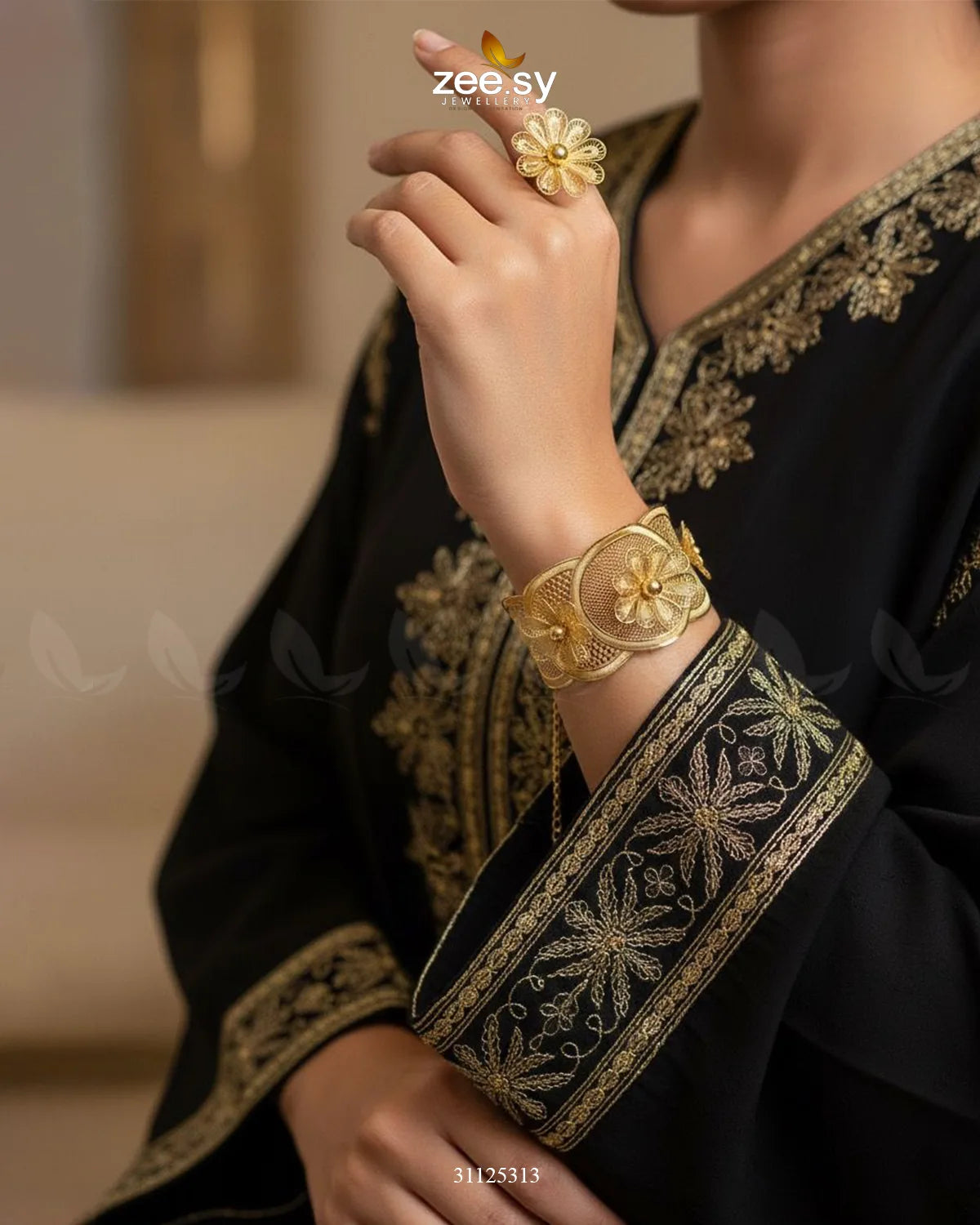 Grand Floral Statement Bangle Ring Set - Zeesy Jewellery