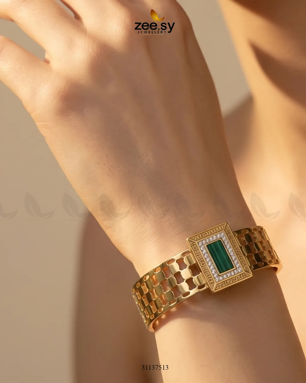 Green Gem Golden Cuff Bracelet Bracelet - Zeesy Jewellery Pakistan | Premium Artificial & Imitation Jewellery