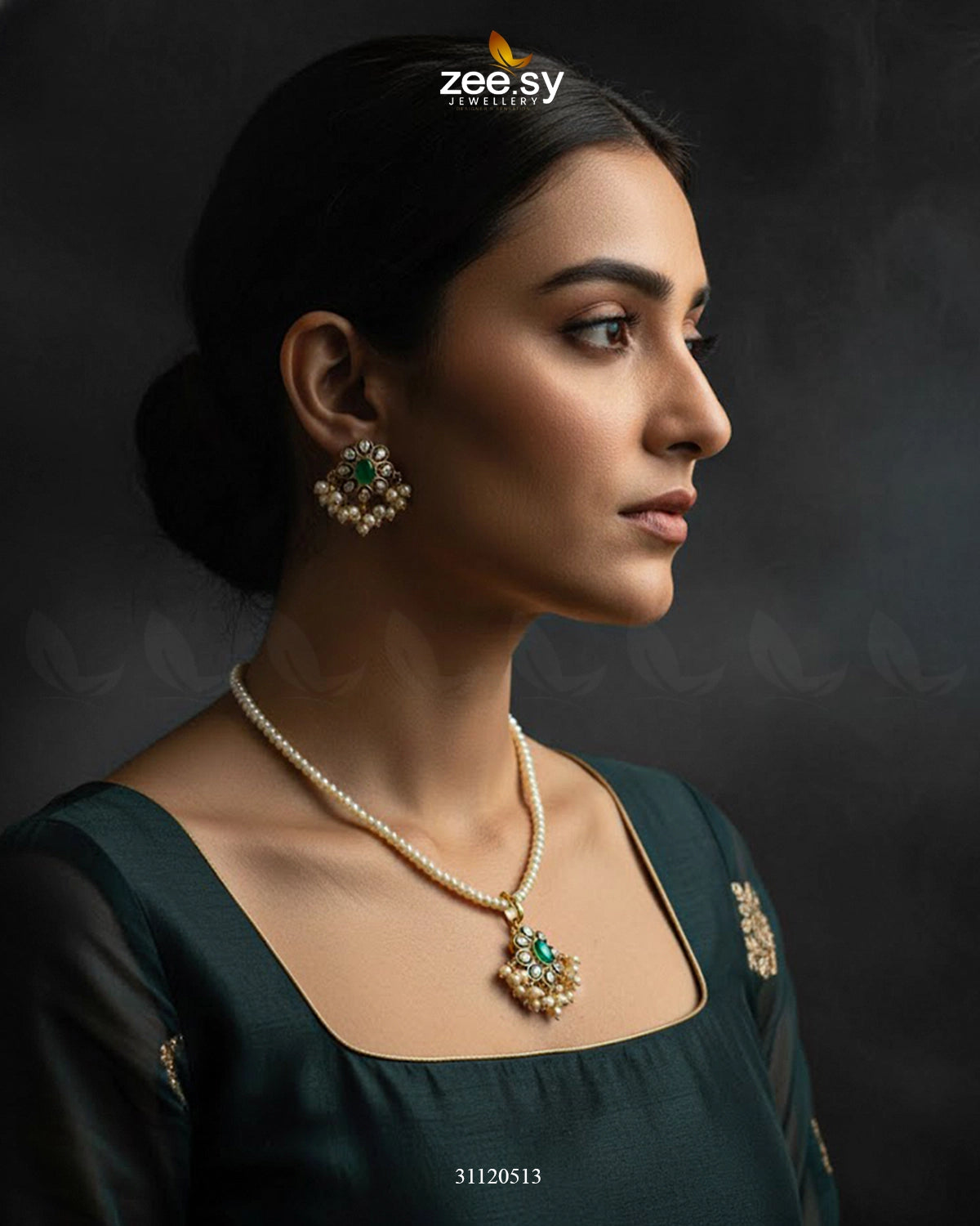 Meenakari Floral Pearl Necklace Set Golden Green - Zeesy Jewellery