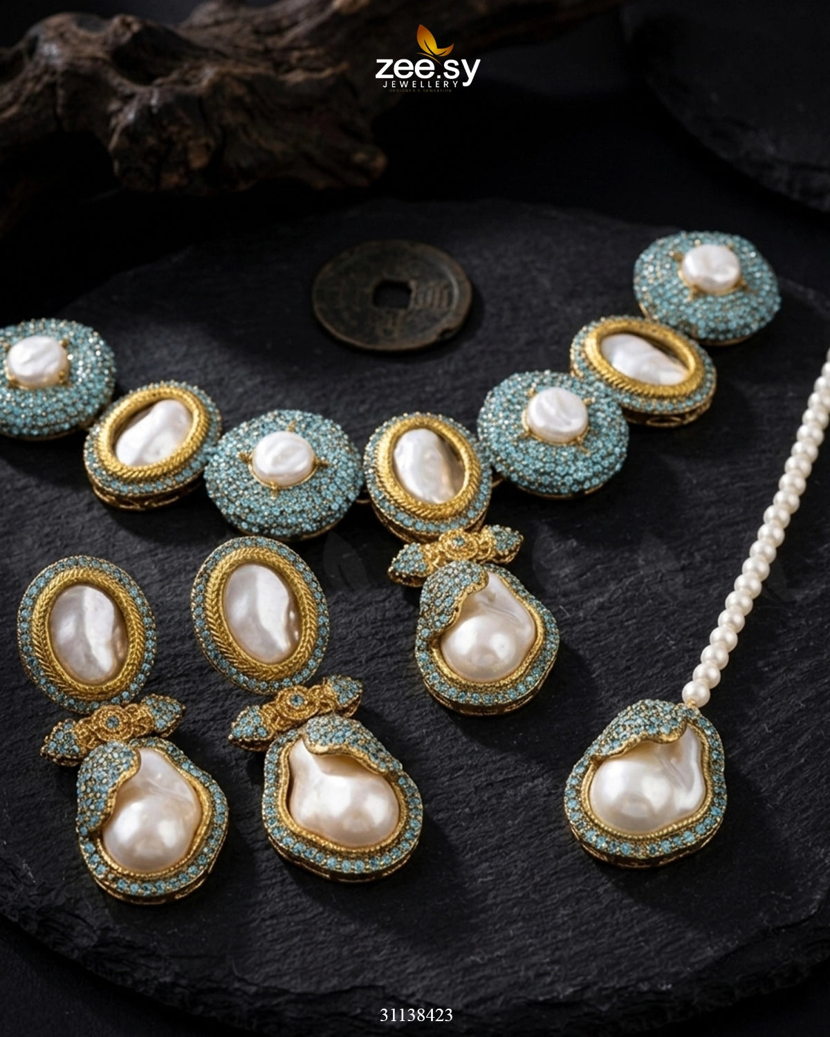Gulnar Baroque Pearl Choker Set Cyan choker - Zeesy Jewellery Pakistan | Premium Artificial & Imitation Jewellery