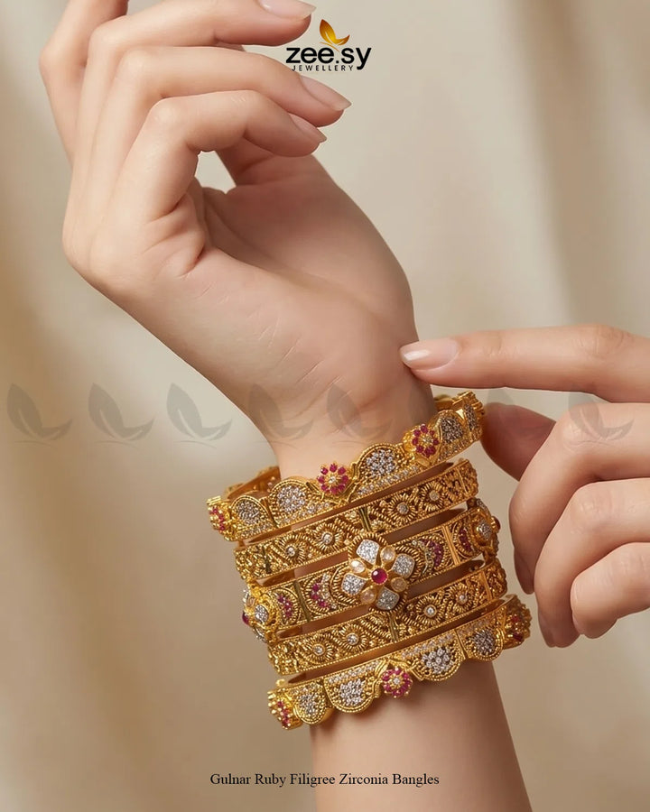 Gulnar Ruby Filigree Zirconia Bangles BANGLES - Zeesy Jewellery Pakistan | Premium Artificial & Imitation Jewellery