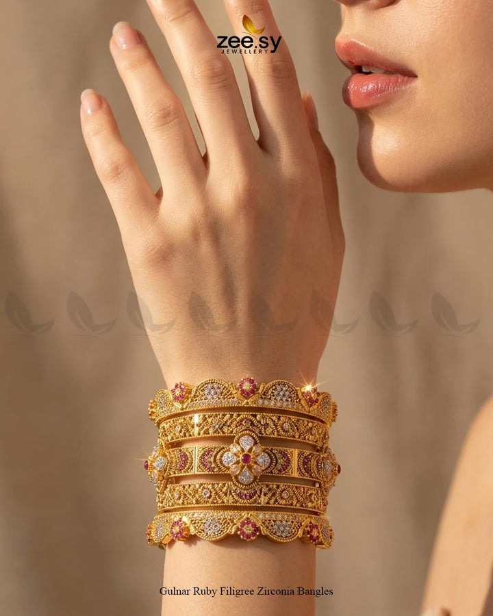 Gulnar Ruby Filigree Zirconia Bangles BANGLES - Zeesy Jewellery Pakistan | Premium Artificial & Imitation Jewellery