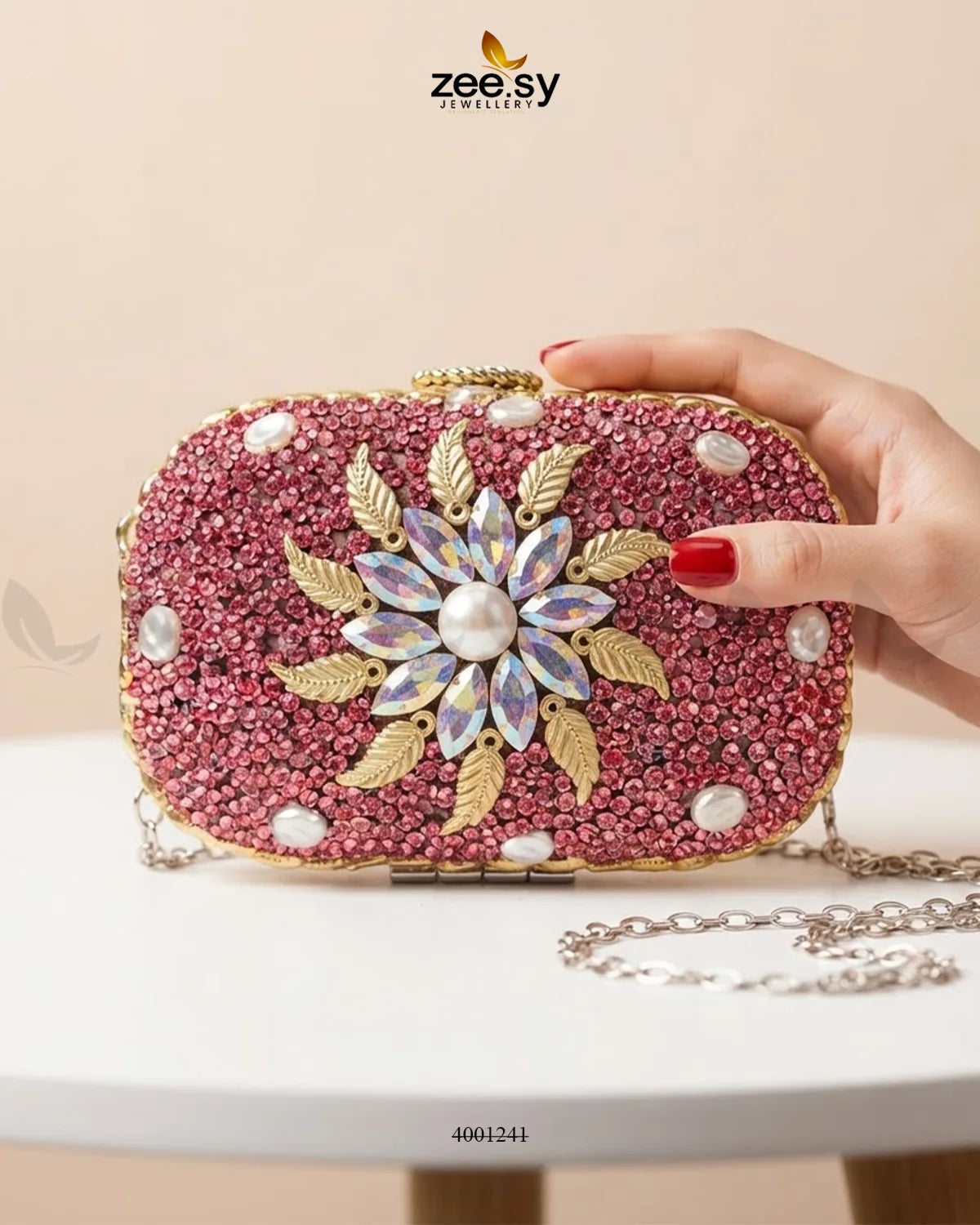 Handcrafted Kundan Floral Clutch Bag ACCESSORIES - Zeesy Jewellery Pakistan | Premium Artificial & Imitation Jewellery