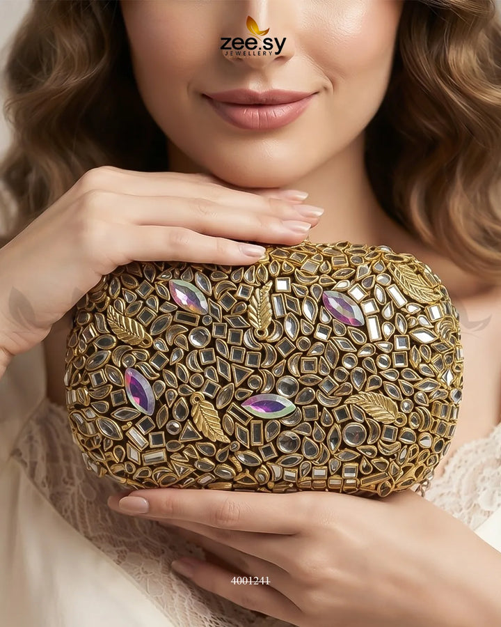 Handcrafted Kundan Floral Clutch Bag ACCESSORIES - Zeesy Jewellery Pakistan | Premium Artificial & Imitation Jewellery