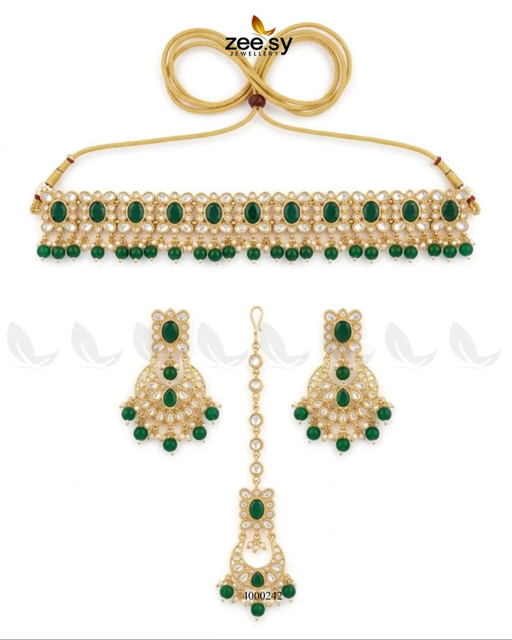 RHS09 Haven beaded drop necklace set in green, featuring layered bead strands and dangling drop accents