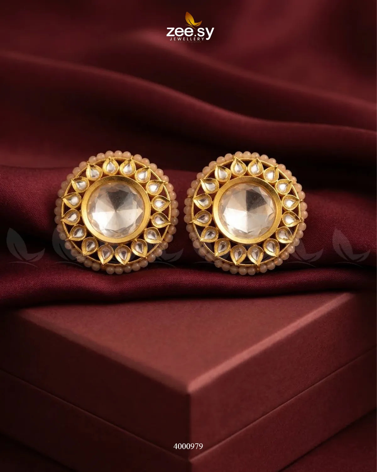 Hazel Beaded Circular Kundan Earrings Golden Champagne Earrings - Zeesy Jewellery Pakistan | Premium Artificial & Imitation Jewellery