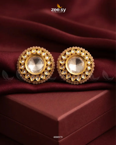 Hazel Beaded Circular Kundan Earrings Golden Champagne Earrings - Zeesy Jewellery Pakistan | Premium Artificial & Imitation Jewellery