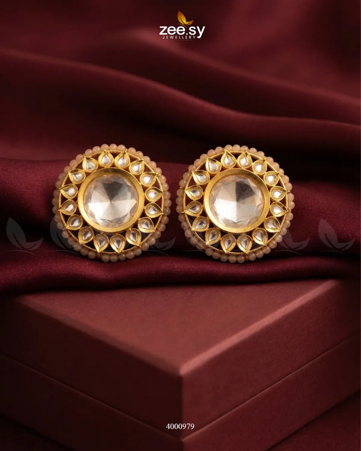 Hazel Beaded Circular Kundan Earrings Golden Champagne Earrings - Zeesy Jewellery Pakistan | Premium Artificial & Imitation Jewellery