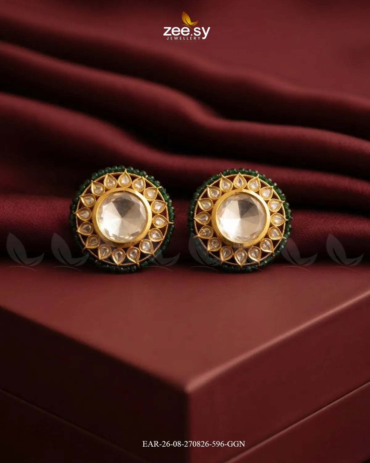 Hazel Beaded Circular Kundan Top Golden Green Earrings - Zeesy Jewellery Pakistan | Premium Artificial & Imitation Jewellery